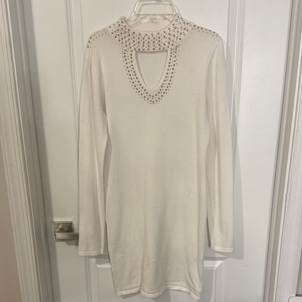 Chic White Long Sleeve Dress with Embellished Neckline